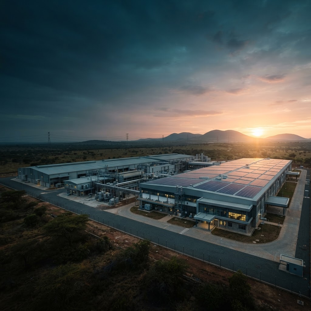Solar panels on a modern industrial facility at sunrise